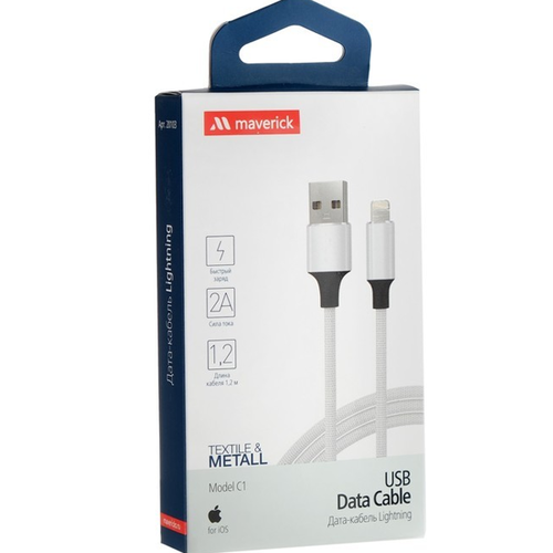USB кабель Maverick Apple 8-pin Lightning Textile/Metall 1.2 Black White фото 
