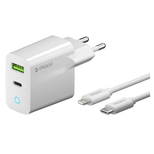 СЗУ Deppa Type-C+USB-A PD 3.0, QC 3.0, 20W + кабель Type-C - Apple 8-pin (MFI) White фото 
