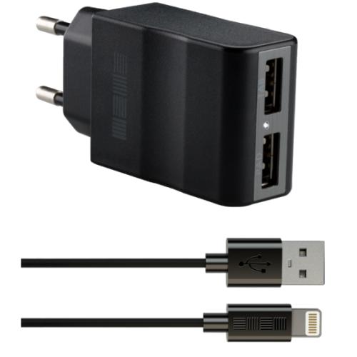 Сетевое зарядное устройство InterStep 2USB + кабель iPhone 5/iPad mini 2000mAh фото 