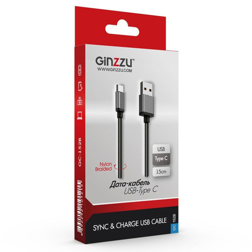 USB кабель Ginzzu GC-152B Type-C 0.15m 2.4A Black фото 