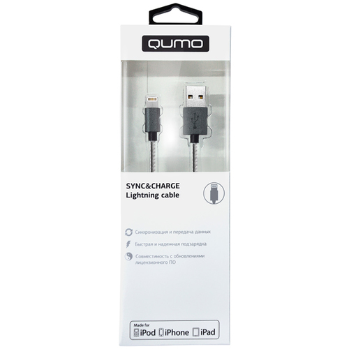 USB кабель Qumo Apple 8-pin 1м (MFI) стальной коннектор Space Grey фото 
