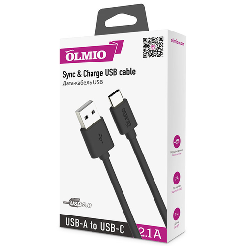 USB кабель OLMIO USB 2.0 - Type-C 1m Black фото 