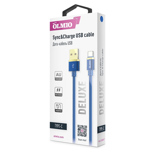 USB кабель OLMIO Deluxe USB 2.0 -Type-C 1m Blue фото 