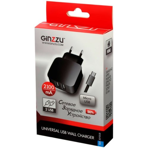СЗУ Ginzzu GA-3010UB 2USB + кабель micro USB 2100mAh Black фото 