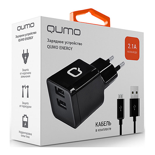 

Сетевое зарядное устройство Qumo 2USB 2.1A Black