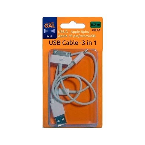 USB кабель GAL 3 в 1 Apple 30 pin/Apple 8 pin/Micro USB White фото 